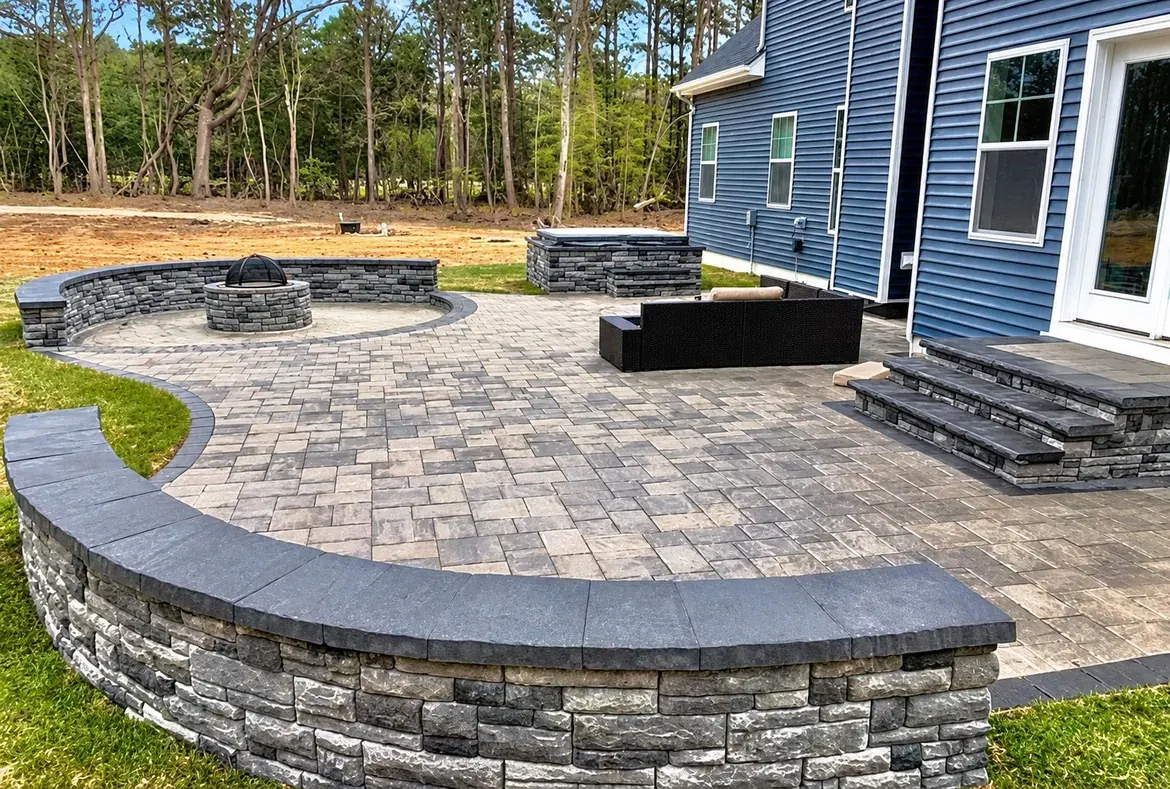 Stone seat wall around a new paver patio