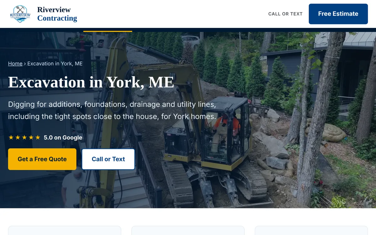 Excavation town page with an excavator on the job, a quote button and the Google rating